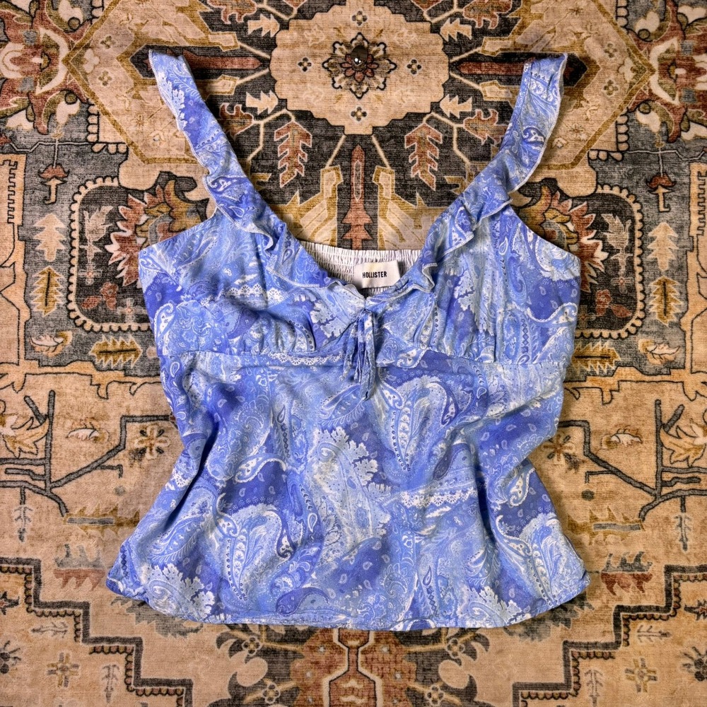 Hollister Blue Paisley Ruffle V-Neck Baby Doll Cami Top Viscose Large Y2K Style